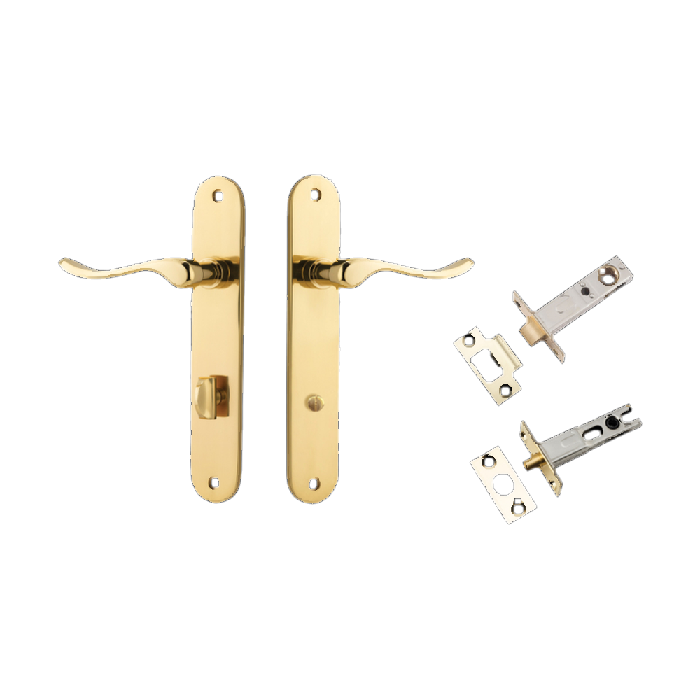 Door Lever Stirling Oval Privacy Pair Polished Brass CTC85mm H240xW40xP64mm Privacy Kit Tube Latch Split Cam 'T' Striker Polished Brass Backset 60mm, Privacy Bolt Round Bolt Polished Brass Backset 60mm in Polished Brass