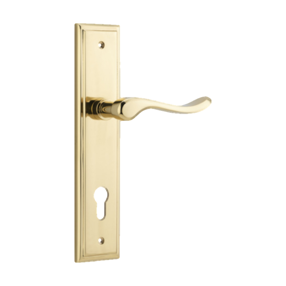 Door Lever Stirling Stepped Euro Pair Polished Brass CTC85mm H237xW50xP64mm in Polished Brass