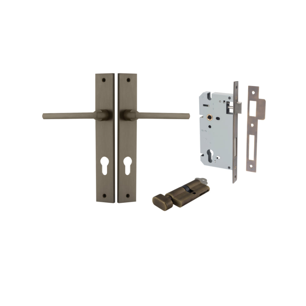 Pair of Iver Baltimore lever handles on rectangular backplates for interior doors, featuring a sleek, modern design.