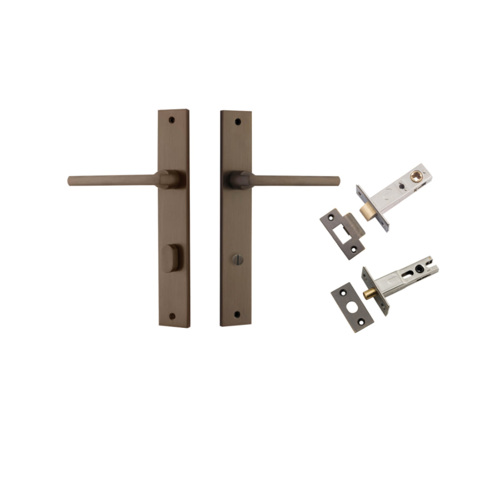 Pair of Iver Baltimore lever door handles on rectangular backplates, featuring sleek metal design and modern finish.