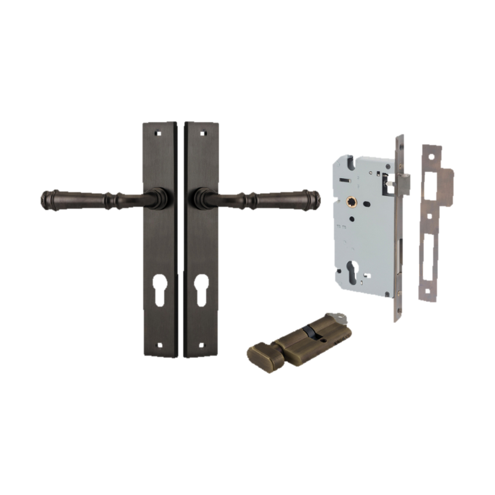 Door Lever Verona Rectangular Euro Signature Brass CTC85mm H240xW38xP59mm Entrance Kit, Mortice Lock Euro Signature Brass CTC85mm Backset 60mm, Euro Cylinder Key Thumb 6 Pin Signature Brass L70mm KA1 in Signature Brass