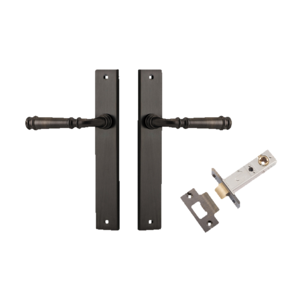Door Lever Verona Rectangular Latch Signature Brass H240xW38xP59mm Passage Kit, Tube Latch Split Cam 'T' Striker Signature Brass Backset 60mm in Signature Brass