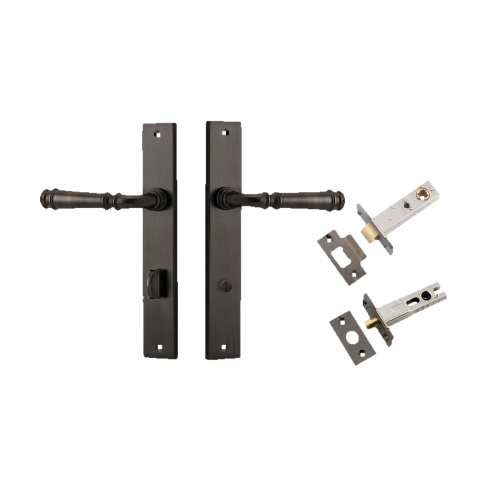 Door Lever Verona Rectangular Privacy Signature Brass CTC85mm H240xW38xP59mm Inbuilt Privacy Kit, Tube Latch Split Cam 'T' Striker Signature Brass Backset 60mm, Privacy Bolt Round Bolt Signature Brass Backset 60mm in Signature Brass