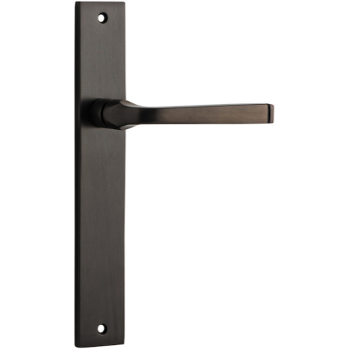 Pair of Iver Annecy lever door handles on rectangular backplates, featuring modern polished chrome finish.