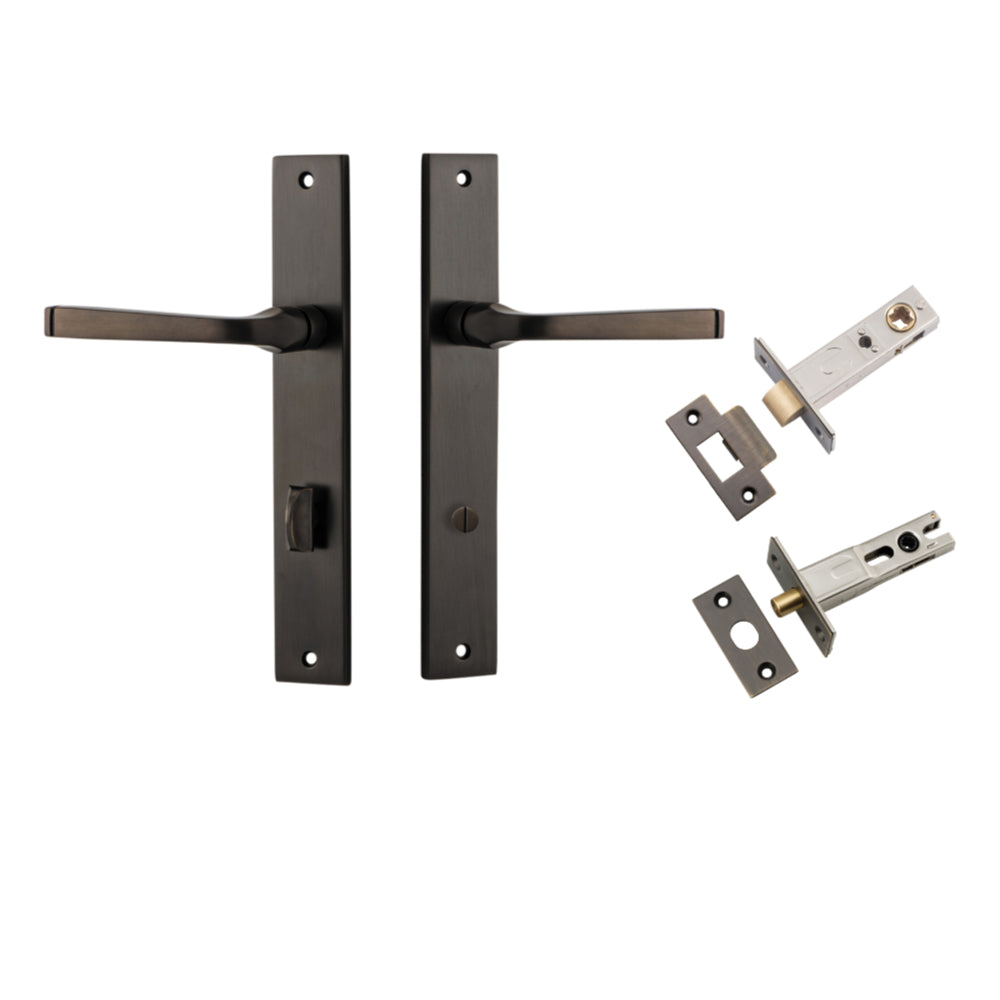 Door Lever Annecy Rectangular Privacy Signature Brass CTC85mm H240xW38xP65mm Inbuilt Privacy Kit, Tube Latch Split Cam 'T' Striker Signature Brass Backset 60mm, Privacy Bolt Round Bolt Signature Brass Backset 60mm in Signature Brass