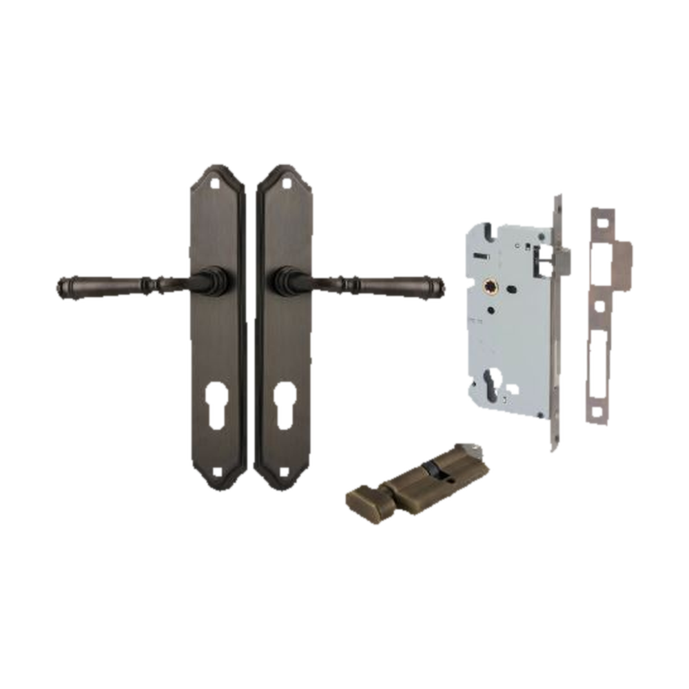 Door Lever Verona Shouldered Euro Signature Brass CTC85mm H240xW50xP59mm Entrance Kit Mortice Lock Euro Signature Brass CTC85mm Backset 60mm, Euro Cylinder Key Thumb 6 Pin Signature Brass L70mm KA1 in Signature Brass