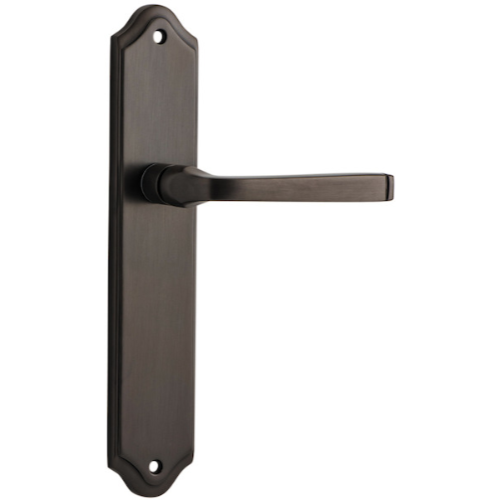 Pair of Iver Annecy lever handles on shouldered backplates, featuring sleek metal design and modern hardware for cabinets or furniture.