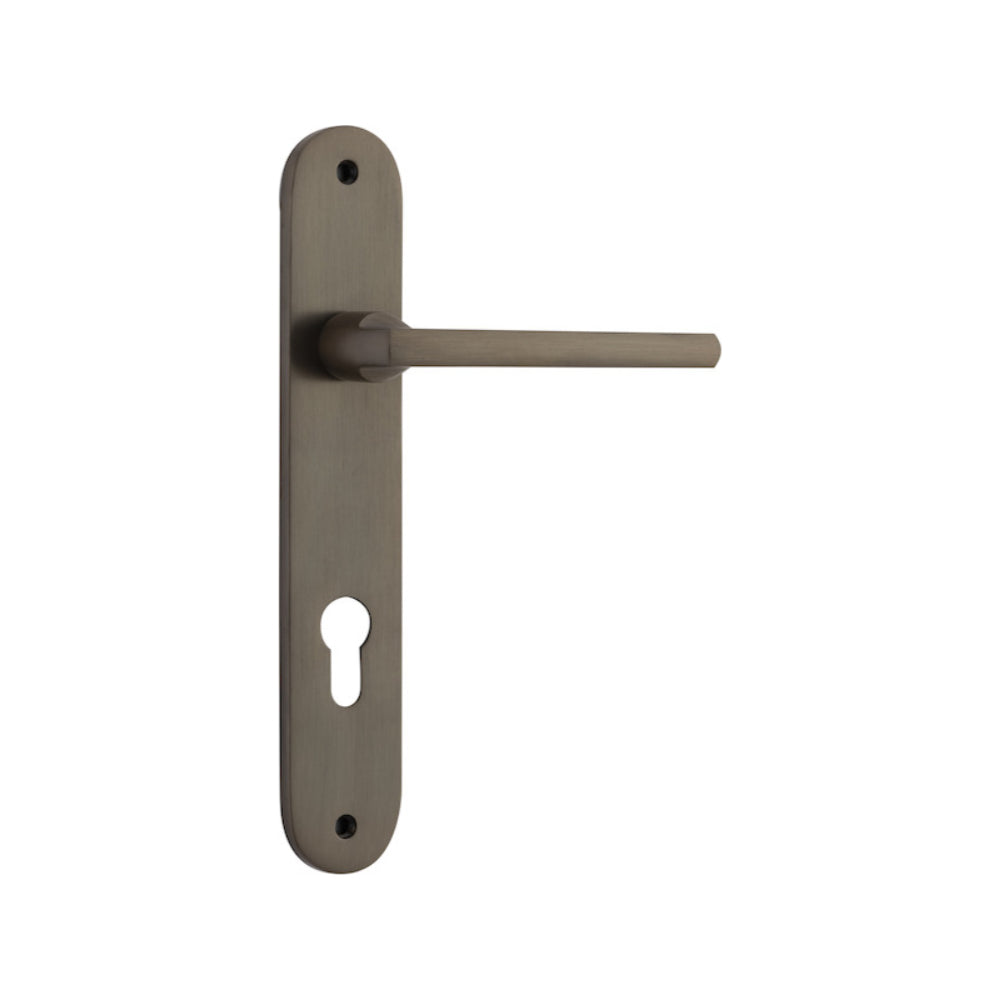 Pair of Iver Baltimore lever door handles on oval backplates, featuring a sleek, modern design in a polished finish.