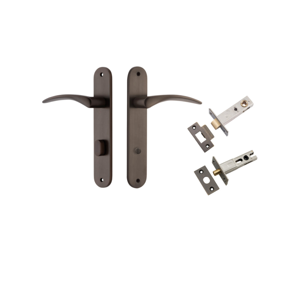 Door Lever Oxford Oval Privacy Signature Brass CTC85mm H240xW40xP60mm Privacy Kit Tube Latch Split Cam 'T' Striker Signature Brass Backset 60mm, Privacy Bolt Round Bolt Signature Brass Backset 60mm in Signature Brass