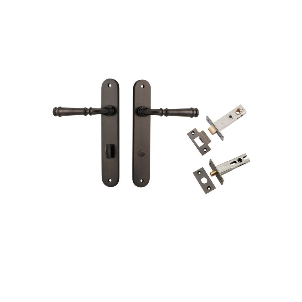 Door Lever Verona Oval Privacy Signature Brass CTC85mm H240xW40xP59mm Inbuilt Privacy Kit Tube Latch Split Cam 'T' Striker Signature Brass Backset 60mm, Privacy Bolt Round Bolt Signature Brass Backset 60mm in Signature Brass