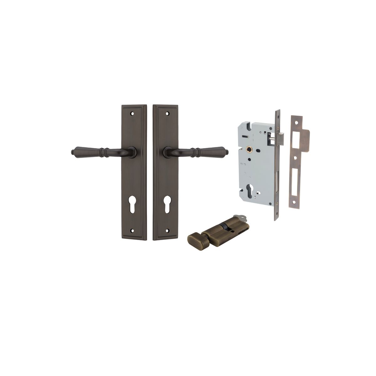 Pair of Iver Sarlat lever handles on stepped backplates, showcasing polished metal finish and elegant design for interior doors.