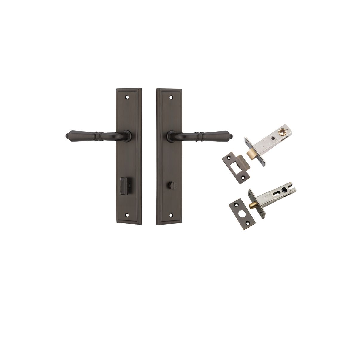 Pair of Iver Sarlat lever handles on stepped backplate, showcasing elegant black finish and modern design for interior doors.
