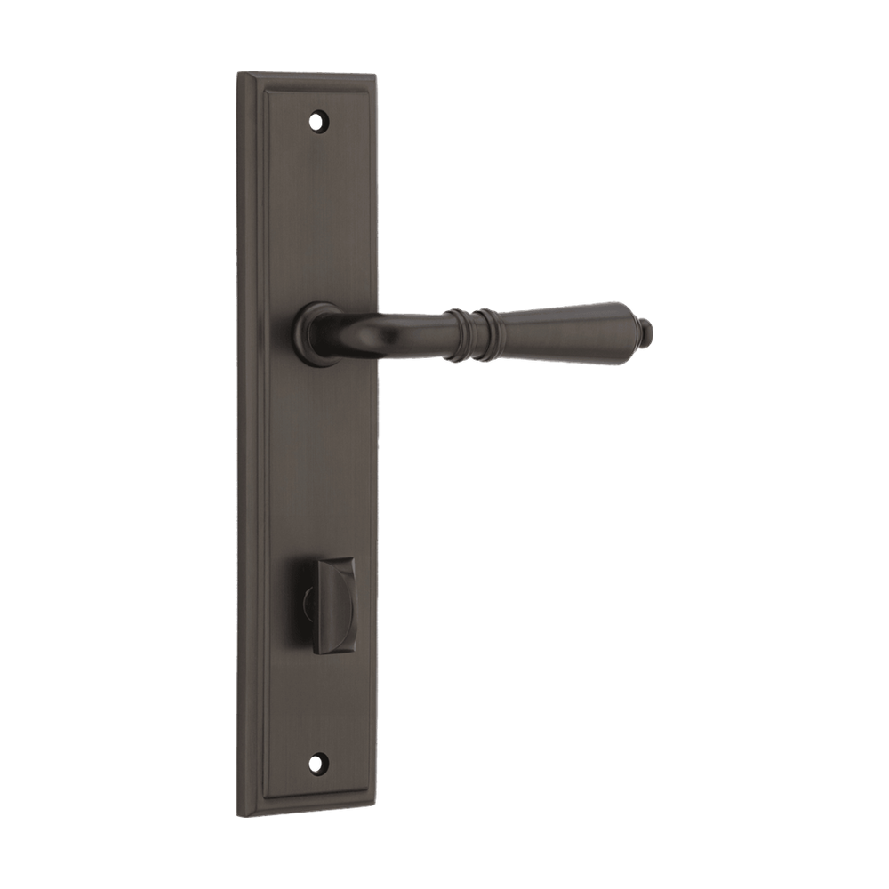 Pair of Iver Sarlat lever door handles on stepped backplate, featuring a sleek, modern design with a polished finish.