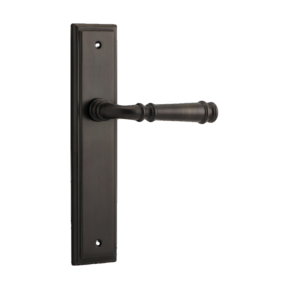 Pair of Iver Verona lever handles on stepped backplates, architectural hardware with a sleek, modern design.