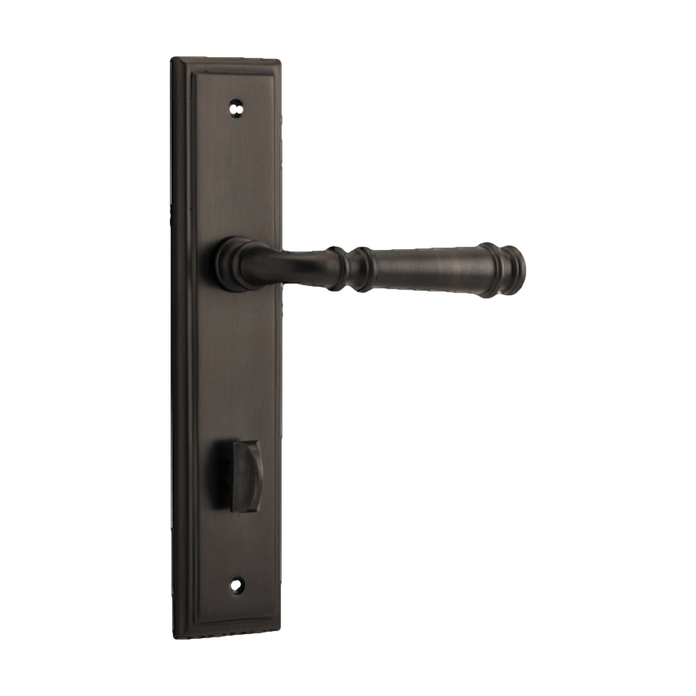 Pair of Iver Verona lever handles on stepped backplates, decorative architectural hardware for doors.