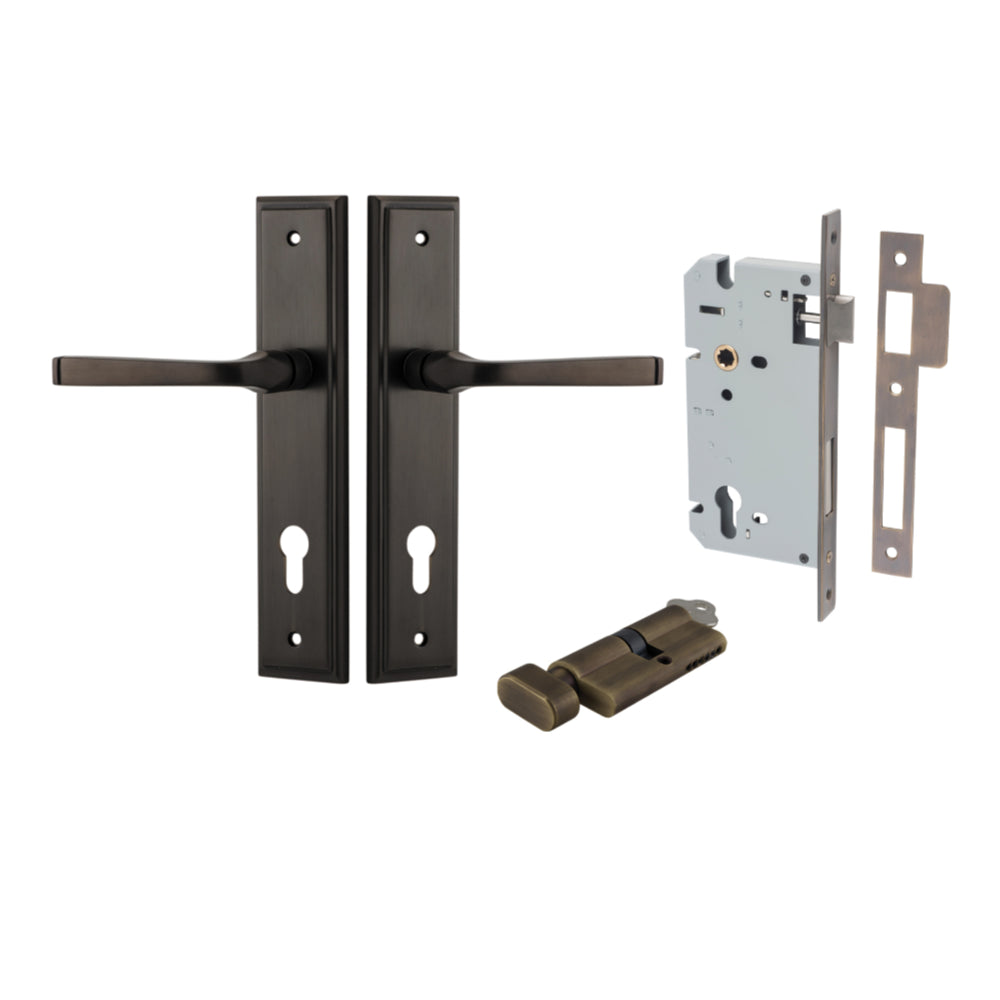 Door Lever Annecy Stepped Euro Signature Brass CTC85mm H240xW50xP65mm Entrance Kit Mortice Lock Euro Signature Brass CTC85mm Backset 60mm Euro Cylinder Key Thumb 6 Pin Signature Brass L70mm KA1 in Signature Brass