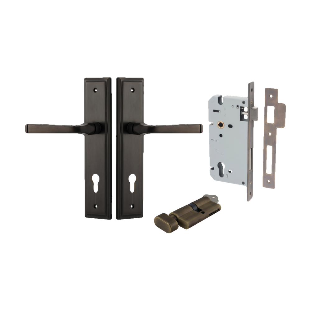 Door Lever Annecy Stepped Euro Signature Brass CTC85mm H240xW50xP65mm Entrance Kit Mortice Lock Euro Signature Brass CTC85mm Backset 60mm Euro Cylinder Key Thumb 6 Pin Signature Brass L70mm KA1 in Signature Brass