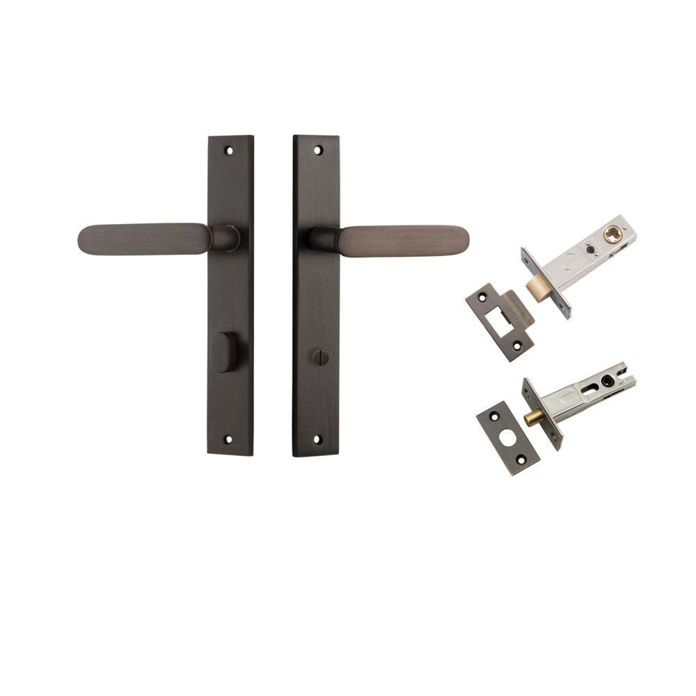 Door Lever Bronte on Long Backplate Privacy Signature Brass CTC85mm L117xP53mm BPH240xW38mm Privacy Kit Tube Latch Split Cam 'T' Striker Signature Brass Backset 60mm, Privacy Bolt Round Bolt Signature Brass Backset 60mm in Signature Brass