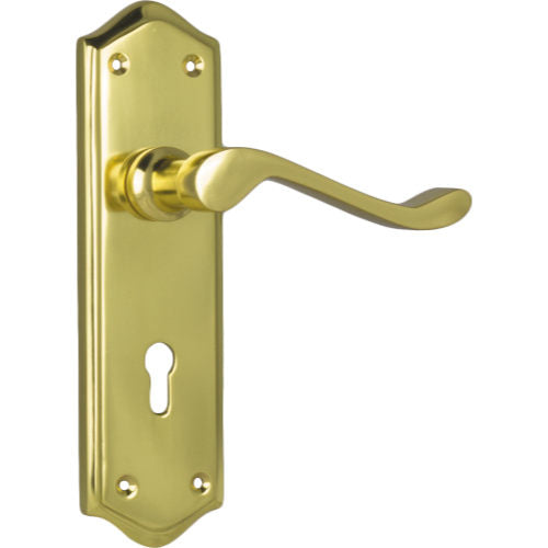 Door Lever Henley Lock Pair Polished Brass H180xW50xP58mm in Polished Brass