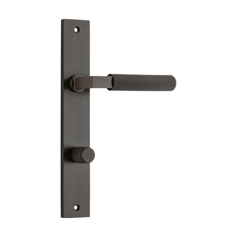 Pair of Iver Brunswick lever door handles on rectangular backplates, featuring a sleek, modern design for interior doors.