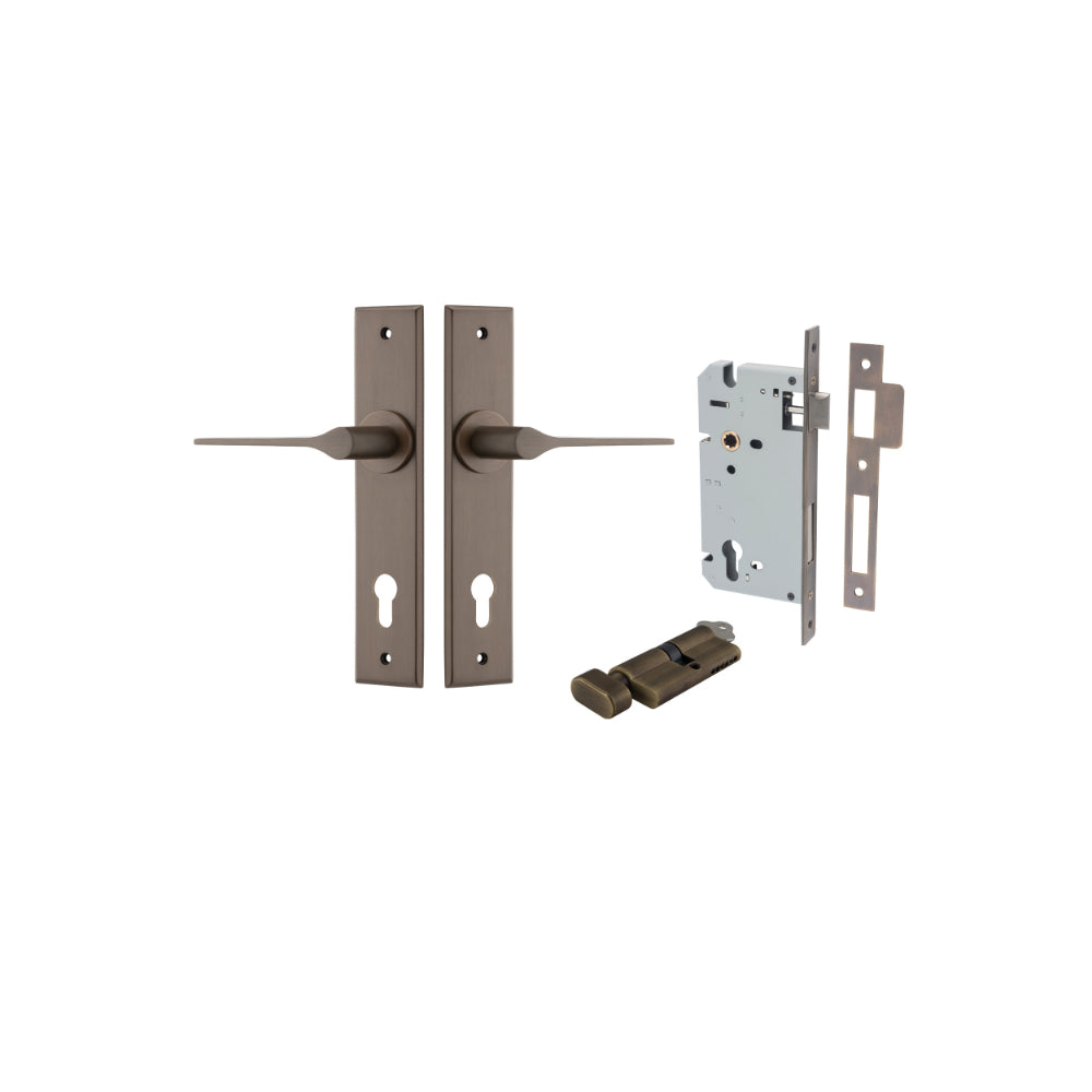 Door Lever Como Chamfered Euro Pair Signature Brass CTC85mm L119xP61mm BPH240xW50mm Mortice Lock Euro Signature Brass CTC85mm Backset 60mm, Euro Cylinder Key Thumb 5 Pin Signature Brass 65mm KA4 in Signature Brass