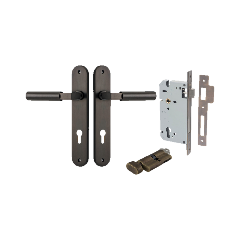 Door Lever Berlin Oval Euro Pair Signature Brass CTC85mm L120xP57mm BPH240xW40mm Mortice Lock Euro Signature Brass CTC85mm Backset 60mm, Euro Cylinder Key Thumb 5 Pin Signature Brass 65mm KA4 in Signature Brass