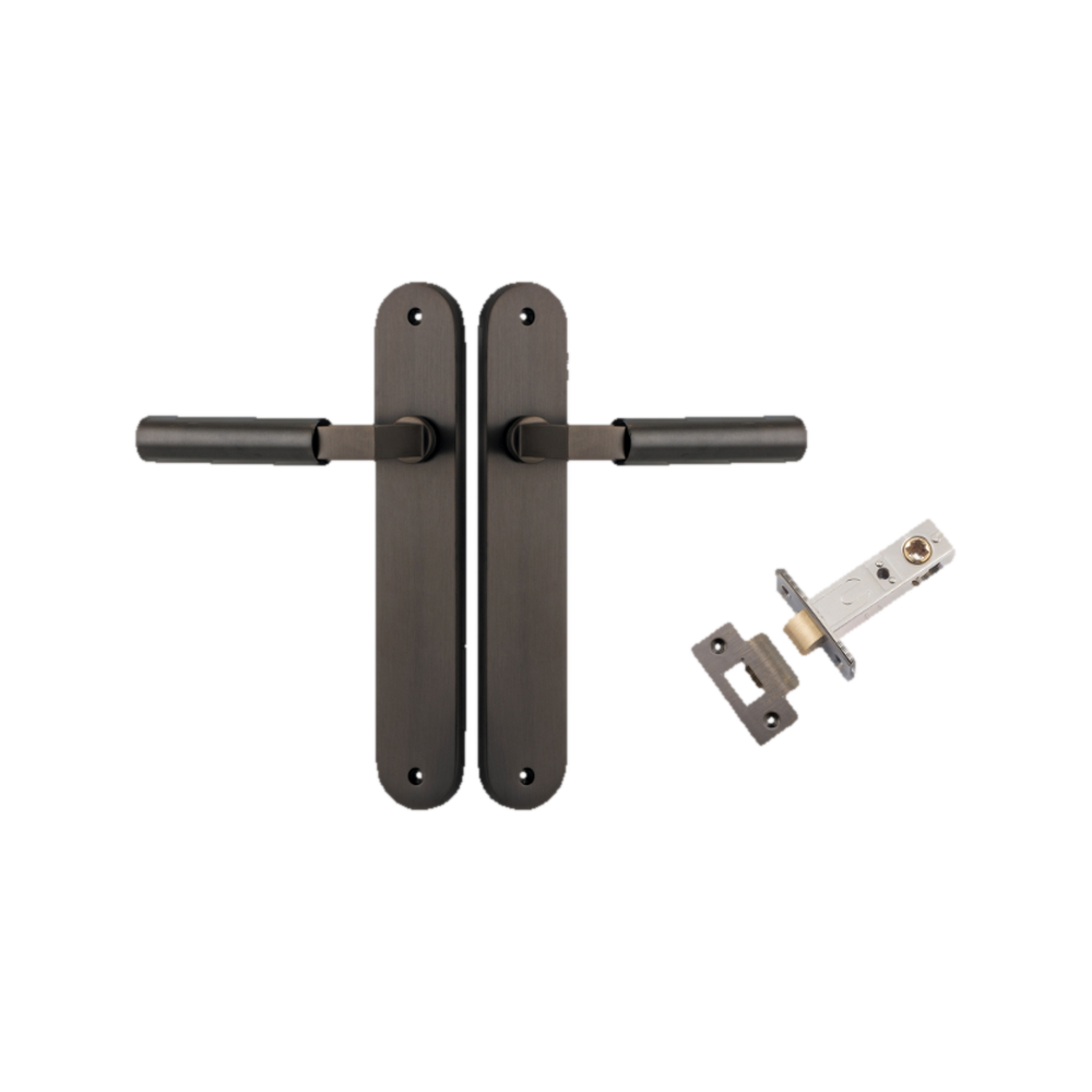 Door Lever Berlin Oval Signature Brass L120xP57mm BPH240xW40mm Passage Kit Tube Latch Split Cam 'T' Striker Signature Brass Backset 60mm in Signature Brass