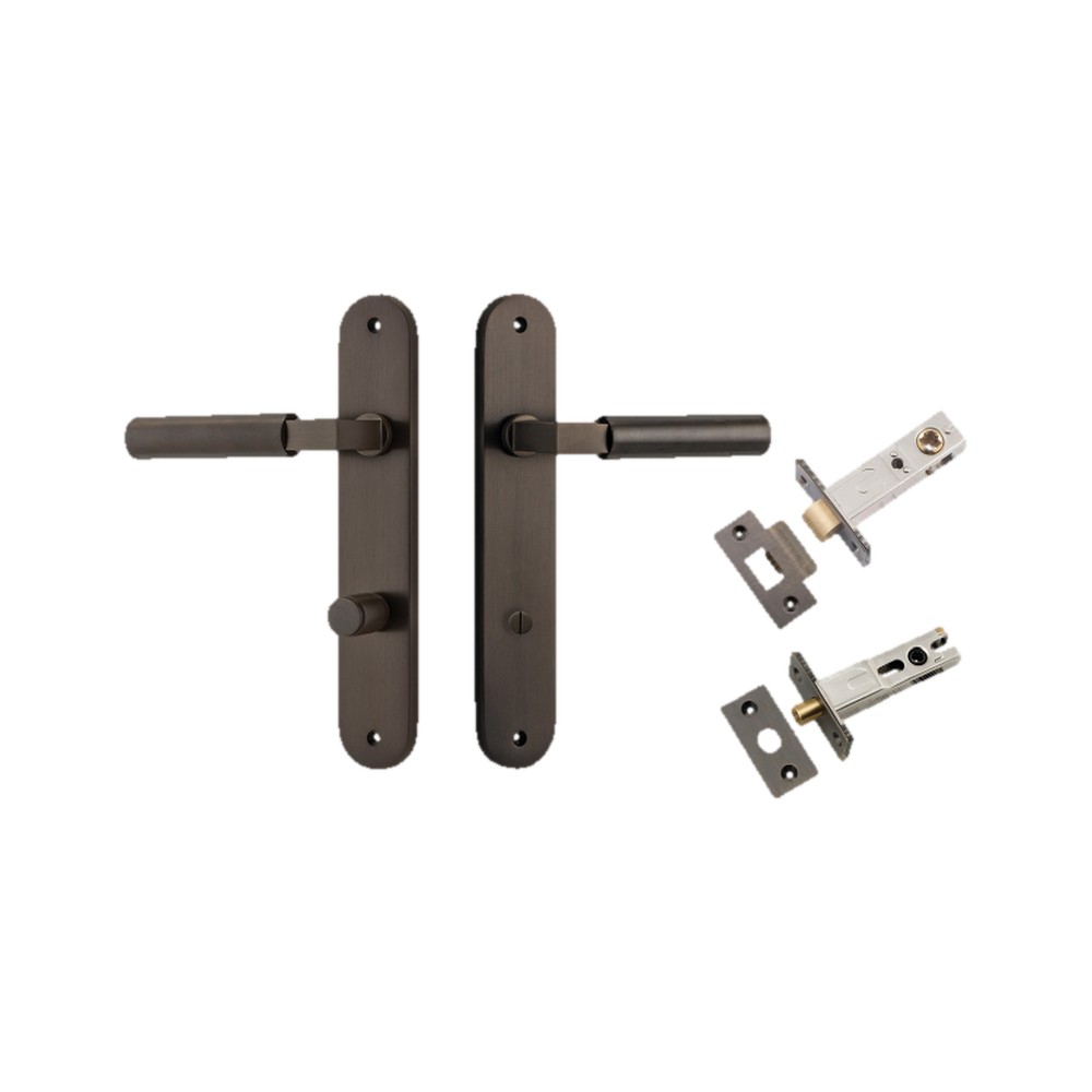 Door Lever Berlin Oval Privacy Signature Brass CTC85mm L120xP57mm BPH240xW40mm Privacy Kit Tube Latch Split Cam 'T' Striker Signature Brass Backset 60mm, Privacy Bolt Round Bolt Signature Brass Backset 60mm in Signature Brass