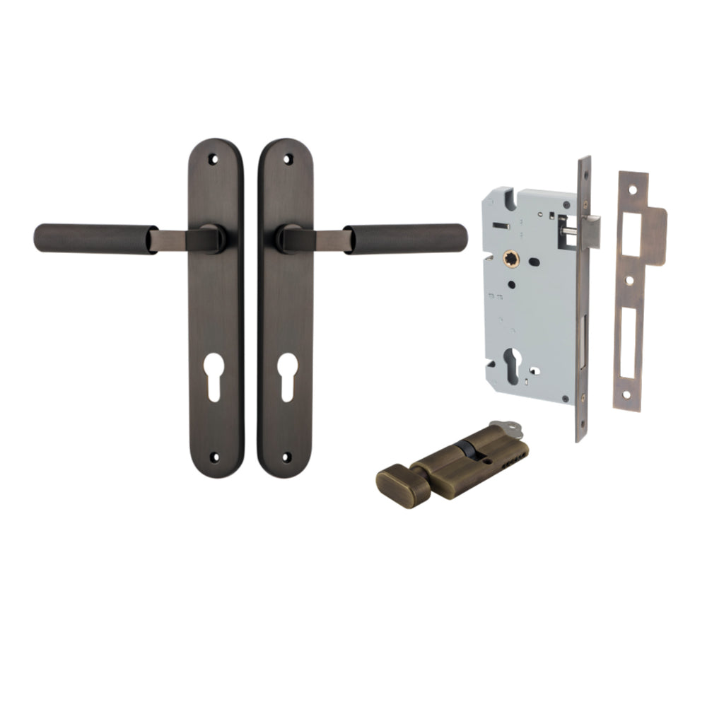 Pair of Iver Brunswick lever handles on oval backplates, architectural hardware for doors, shown in a close-up on a neutral background.