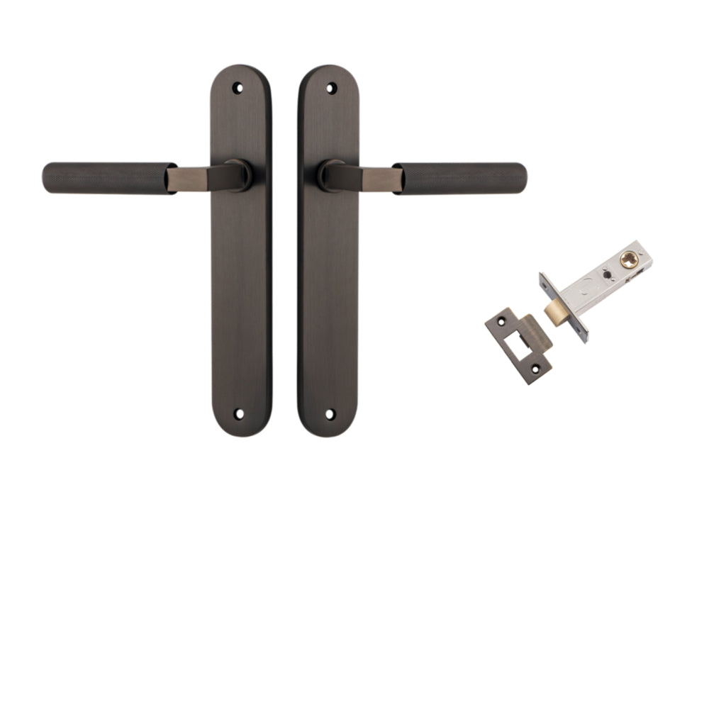 Door Lever Brunswick Knurled Oval Signature Brass L120xP57mm BPH240xW40mm Passage Kit Tube Latch Split Cam 'T' Striker Signature Brass Backset 60mm in Signature Brass