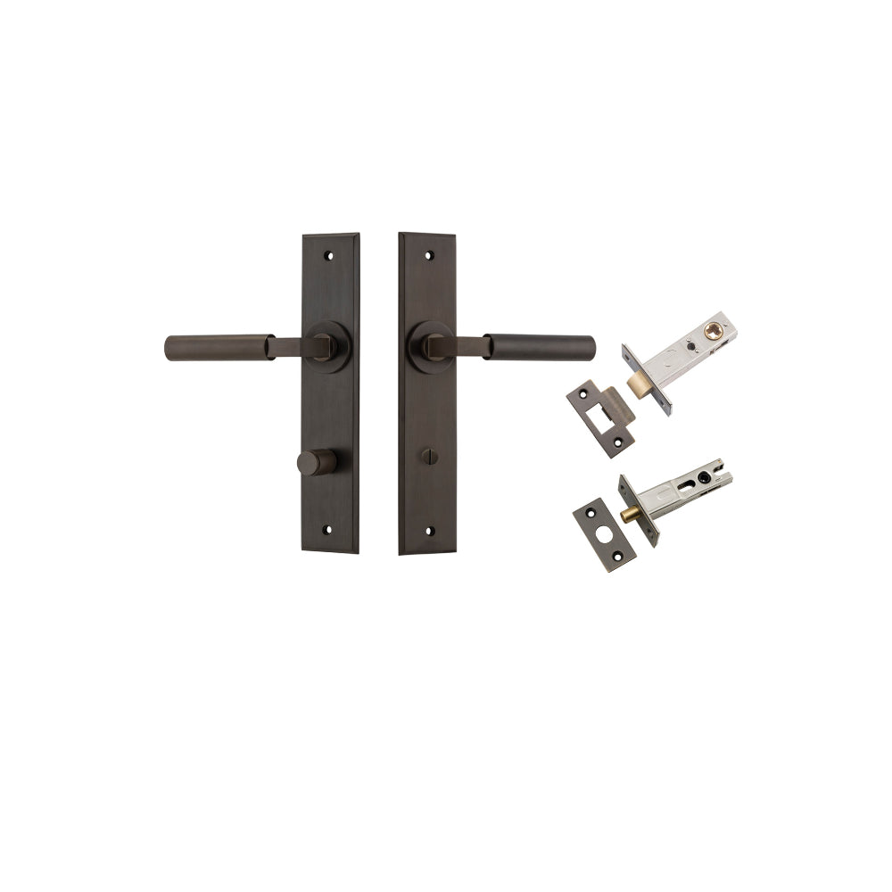 Door Lever Berlin Chamfered Privacy Signature Brass CTC85mm L120xP59mm BPH240xW50mm Privacy Kit Tube Latch Split Cam 'T' Striker Signature Brass Backset 60mm, Privacy Bolt Round Bolt Signature Brass Backset 60mm in Signature Brass