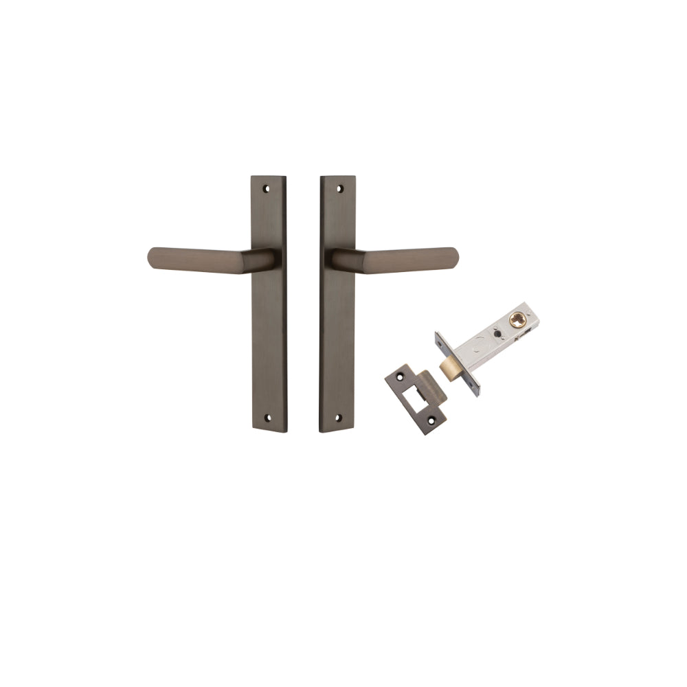 Door Lever Osaka Rectangular Latch Pair Signature Brass H240xW38xP55mm Passage Kit, Tube Latch Split Cam 'T' Striker Signature Brass Backset 60mm in Signature Brass