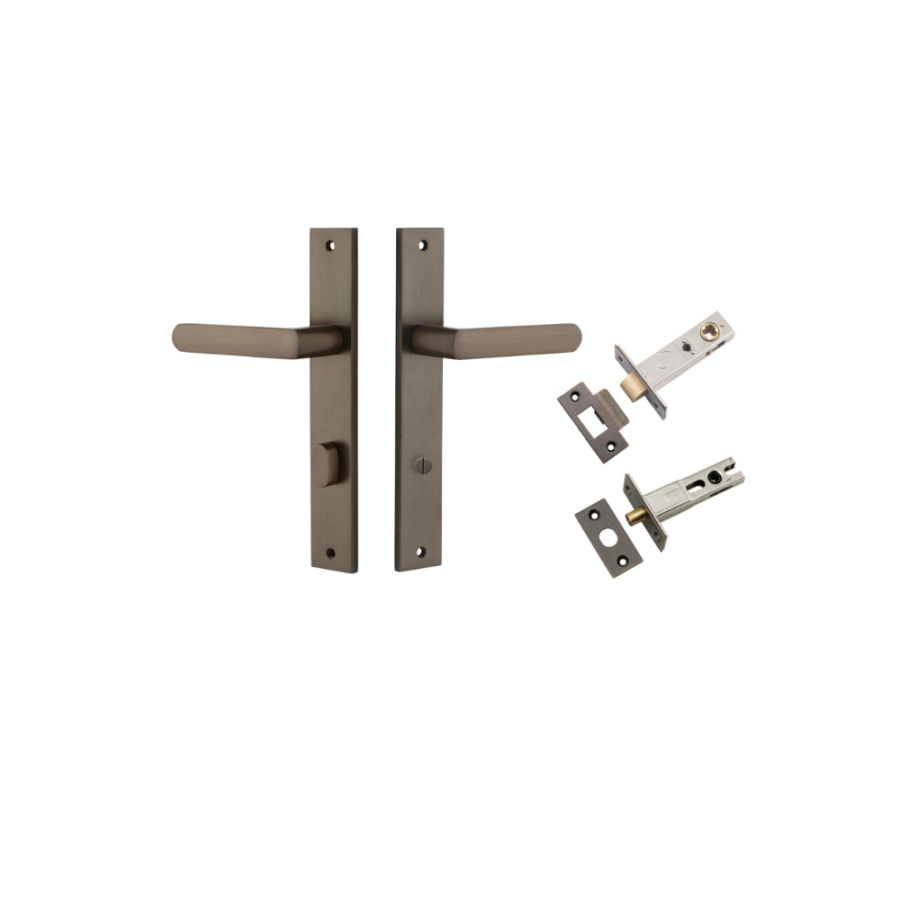 Door Lever Osaka Rectangular Privacy Pair Signature Brass CTC85mm H240xW38xP55mm Privacy Kit, Tube Latch Split Cam 'T' Striker Signature Brass Backset 60mm, Privacy Bolt Round Bolt Signature Brass Backset 60mm in Signature Brass
