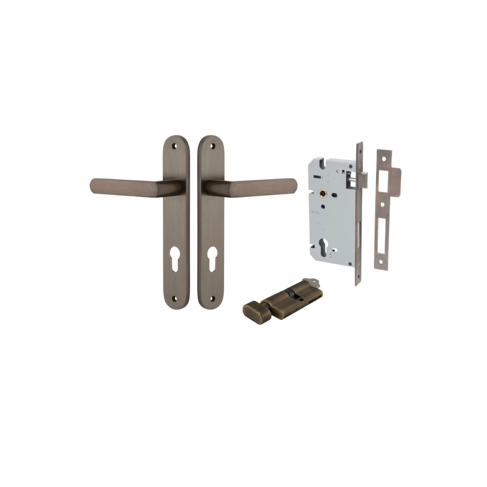 Door Lever Osaka Oval Euro Pair Signature Brass CTC85mm H240xW40xP55mm Entrance Kit Mortice Lock Euro Signature Brass CTC85mm Backset 60mm, Euro Cylinder Key Thumb 6 Pin Signature Brass L70mm KA1 in Signature Brass