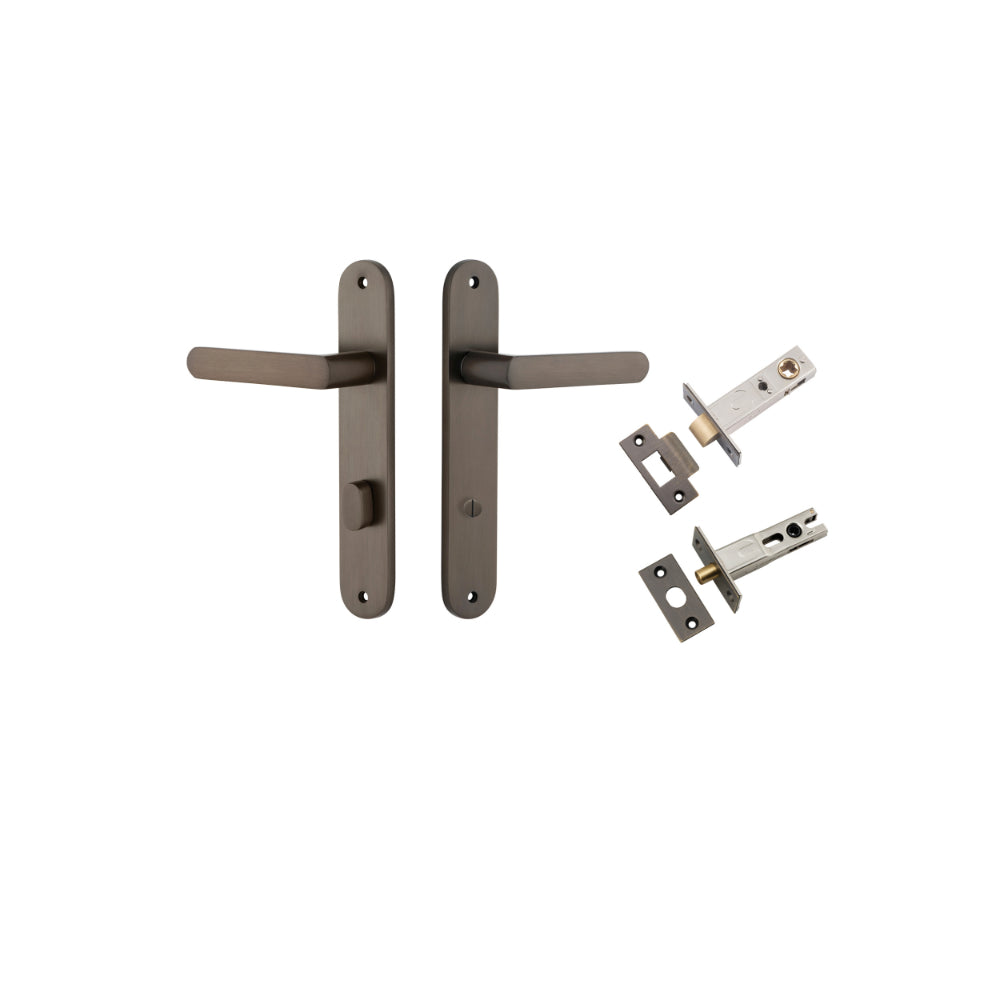 Door Lever Osaka Oval Privacy Pair Signature Brass CTC85mm H240xW40xP55mm Privacy Kit Tube Latch Split Cam 'T' Striker Signature Brass Backset 60mm, Privacy Bolt Round Bolt Signature Brass Backset 60mm in Signature Brass