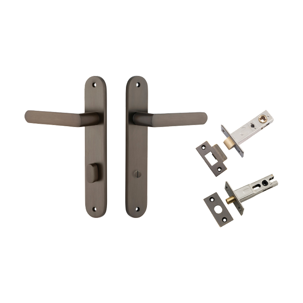 Door Lever Osaka Oval Privacy Pair Signature Brass CTC85mm H240xW40xP55mm Privacy Kit Tube Latch Split Cam 'T' Striker Signature Brass Backset 60mm, Privacy Bolt Round Bolt Signature Brass Backset 60mm in Signature Brass