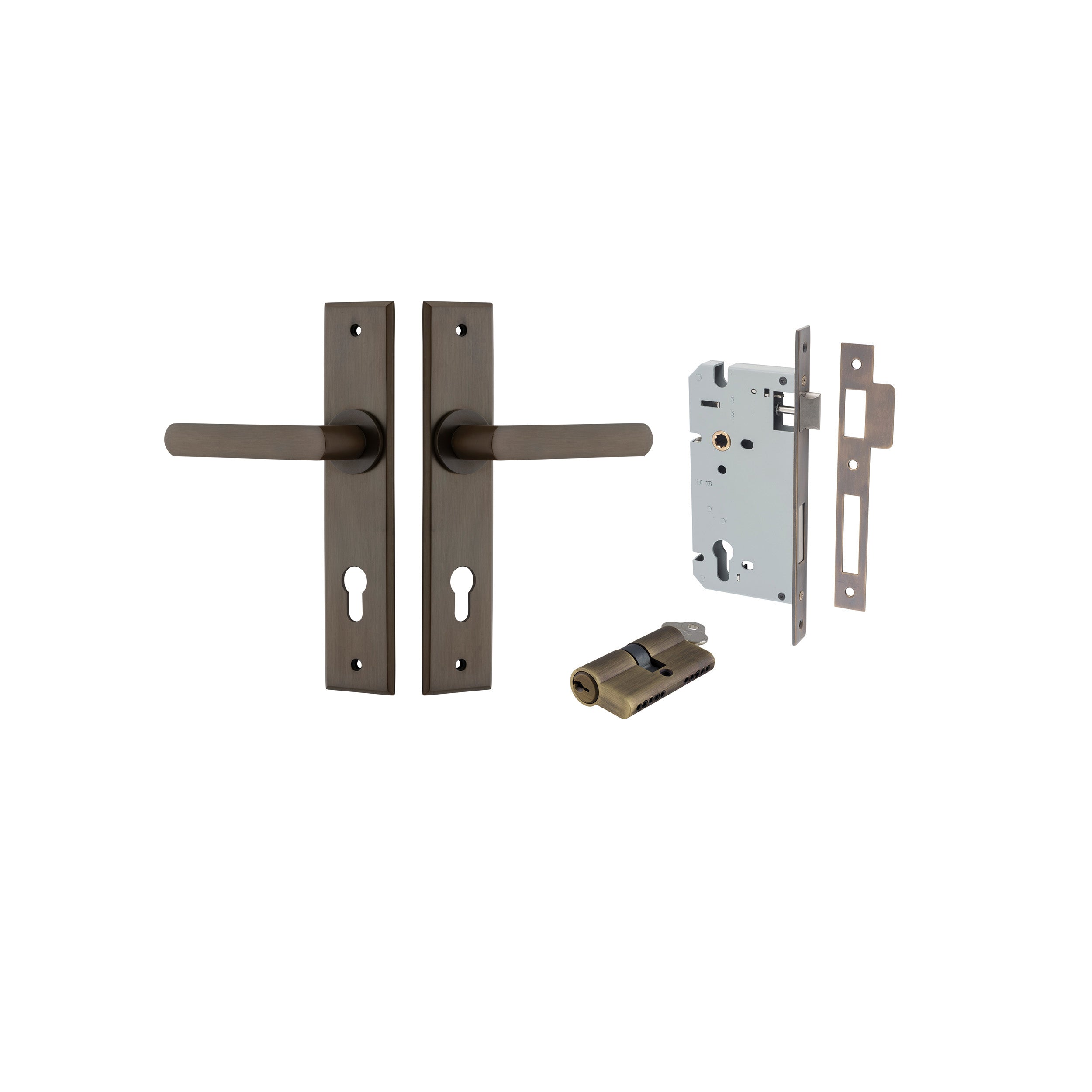 Door Lever Osaka Chamfered Euro Pair Signature Brass CTC85mm L120xP54mm BPH240xW50mm Mortice Lock Euro Signature Brass CTC85mm Backset 60mm, Euro Cylinder Dual Function 5 Pin Signature Brass 65mm KA4 in Signature Brass