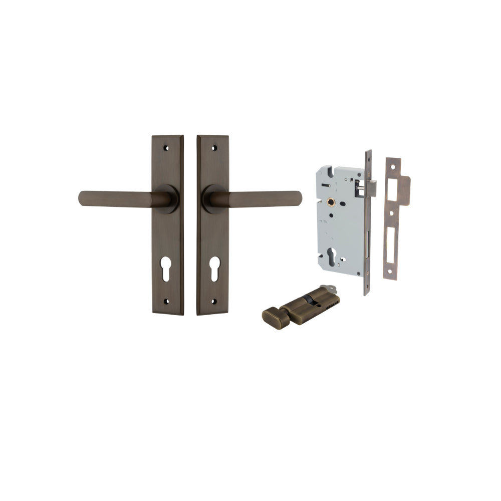 Door Lever Osaka Chamfered Euro Pair Signature Brass CTC85mm L120xP54mm BPH240xW50mm Mortice Lock Euro Signature Brass CTC85mm Backset 60mm, Euro Cylinder Key Thumb 5 Pin Signature Brass 65mm KA4 in Signature Brass
