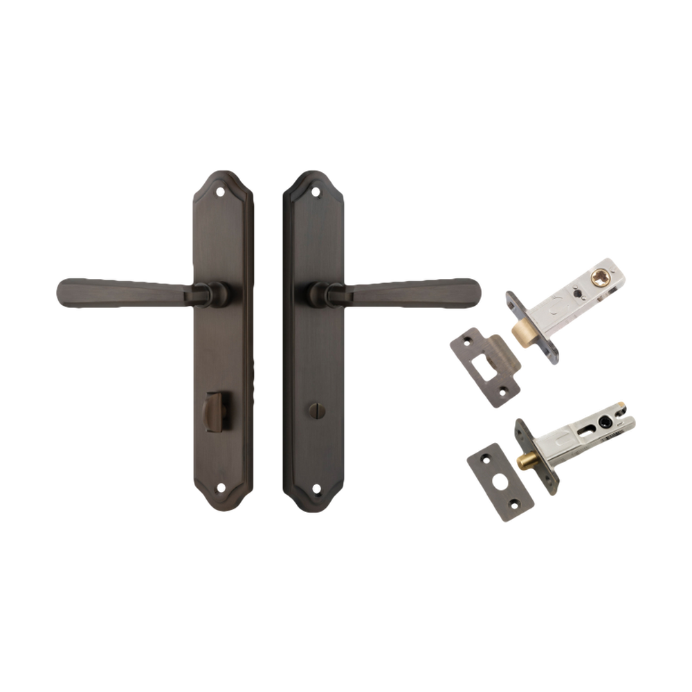 Door Lever Copenhagen Shouldered Privacy Pair Signature Brass CTC85mm H250xW48xP61mm Inbuilt Privacy Kit Tube Latch Split Cam 'T' Striker Signature Brass Backset 60mm, Privacy Bolt Round Bolt Signature Brass Backset 60mm in Signature Brass