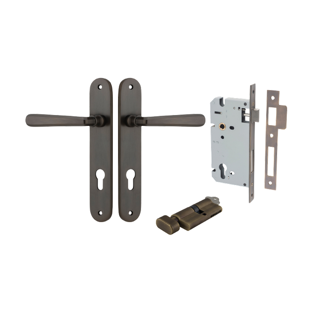 Door Lever Copenhagen Oval Euro Pair Signature Brass CTC85mm H240xW40xP61mm Entrance Kit Mortice Lock Euro Signature Brass CTC85mm Backset 60mm, Euro Cylinder Key Thumb 6 Pin Signature Brass L70mm KA1 in Signature Brass