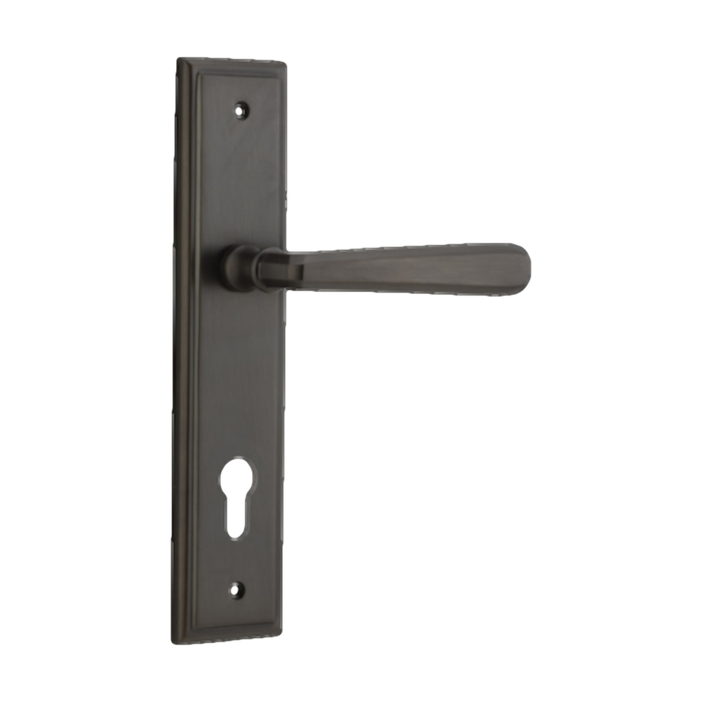 Pair of Iver Copenhagen architectural lever handles on stepped backplates, made of metal with a sleek, modern finish.