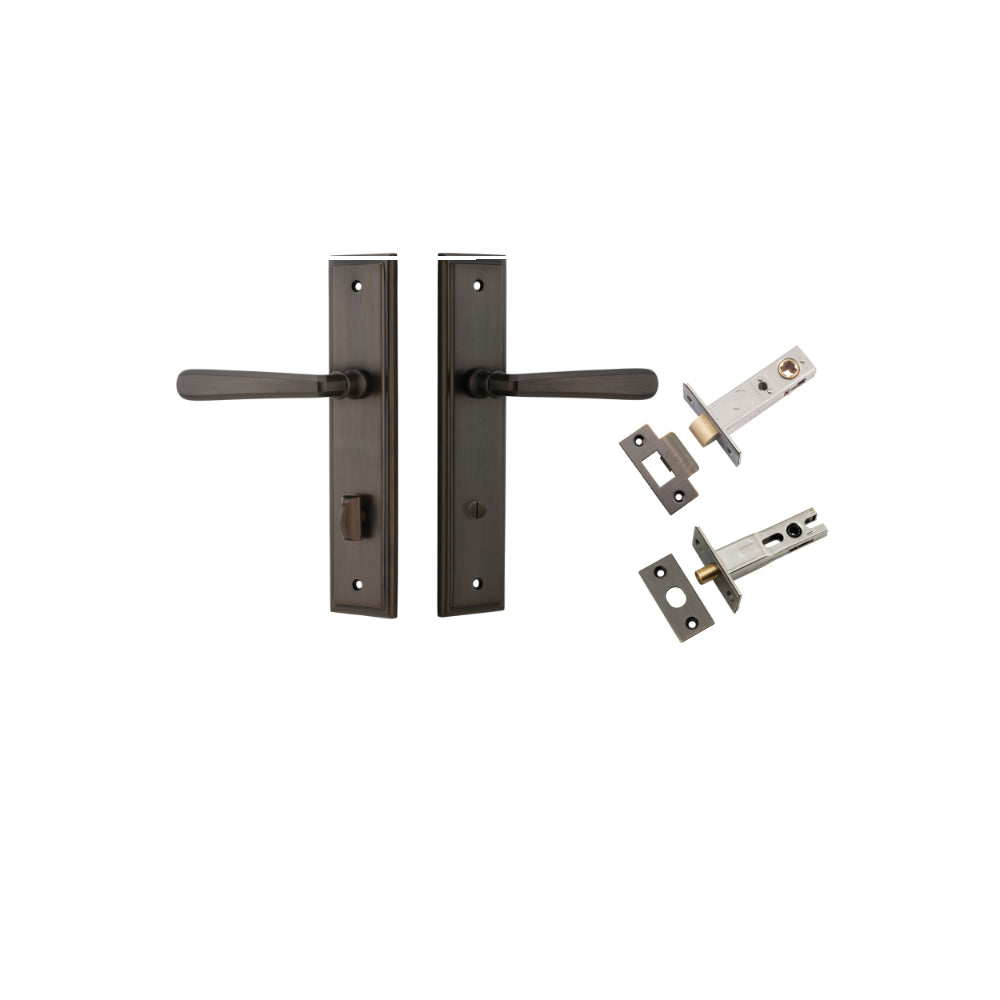 Door Lever Copenhagen Stepped Privacy Pair Signature Brass CTC85mm H237xW50xP61mm Inbuilt Privacy Kit Tube Latch Split Cam 'T' Striker Signature Brass Backset 60mm, Privacy Bolt Round Bolt Signature Brass Backset 60mm in Signature Brass