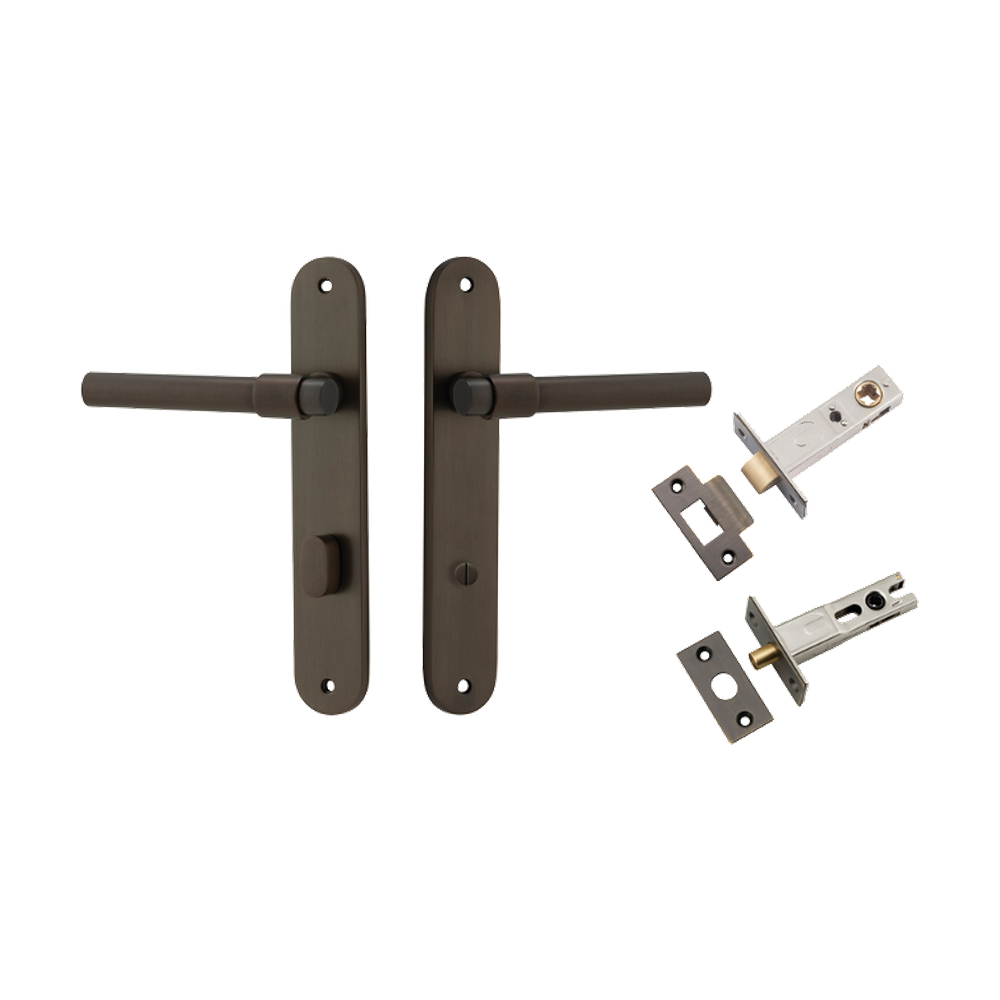Door Lever Helsinki Oval Privacy Pair Signature Brass CTC85mm H240xW40xP44mm Privacy Kit Tube Latch Split Cam 'T' Striker Signature Brass Backset 60mm, Privacy Bolt Round Bolt Signature Brass Backset 60mm in Signature Brass
