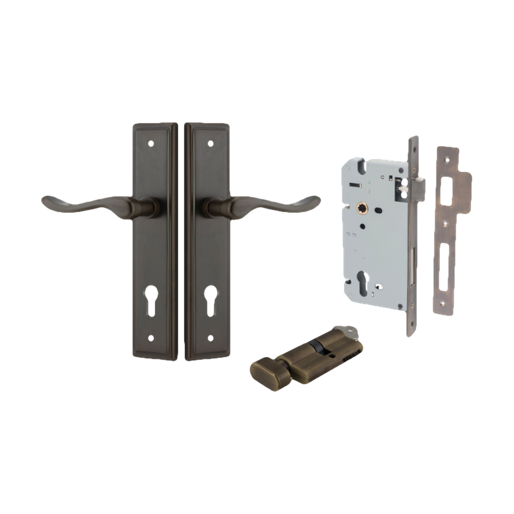 Door Lever Stirling Stepped Euro Pair Signature Brass CTC85mm H237xW50xP64mm Entrance Kit Mortice Lock Euro Signature Brass CTC85mm Backset 60mm, Euro Cylinder Key Thumb 6 Pin Signature Brass L70mm KA1 in Signature Brass