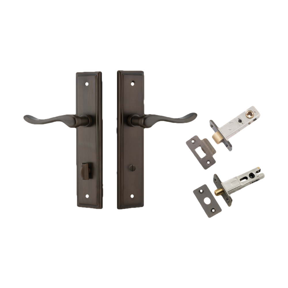 Door Lever Stirling Stepped Privacy Pair Signature Brass CTC85mm H237xW50xP64mm Privacy Kit Tube Latch Split Cam 'T' Striker Signature Brass Backset 60mm, Privacy Bolt Round Bolt Signature Brass Backset 60mm in Signature Brass