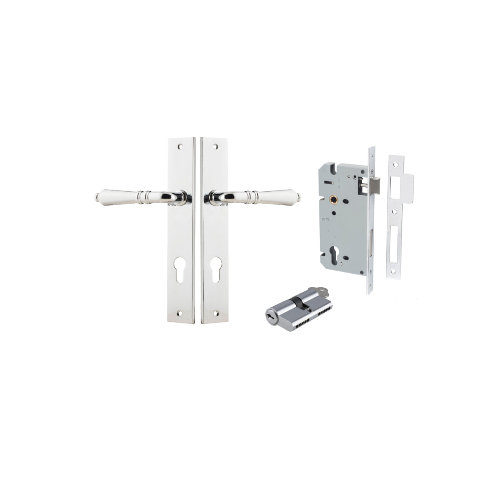Door Lever Sarlat Rectangular Euro Polished Chrome CTC85mm H240xW38xP55mm Entrance Kit, Mortice Lock Euro Polished Chrome CTC85mm Backset 60mm, Euro Cylinder Dual Function 5 Pin Polished Chrome L65mm KA1 in Polished Chrome