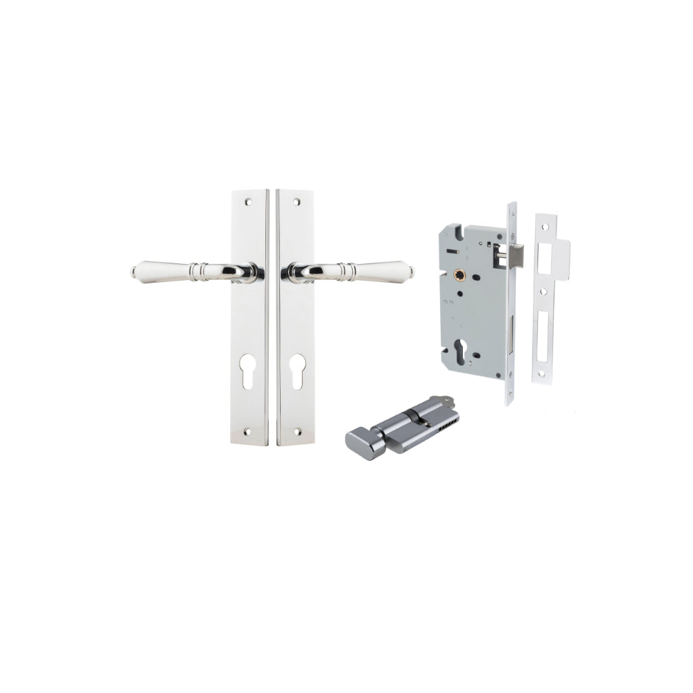 Pair of Iver Sarlat lever handles with rectangular backplates, shown in a polished finish on a modern door.