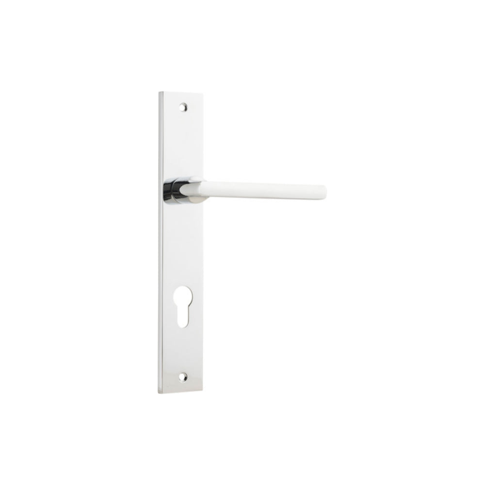 Pair of Iver Baltimore lever door handles on rectangular backplates, featuring a sleek, modern design in a polished finish.
