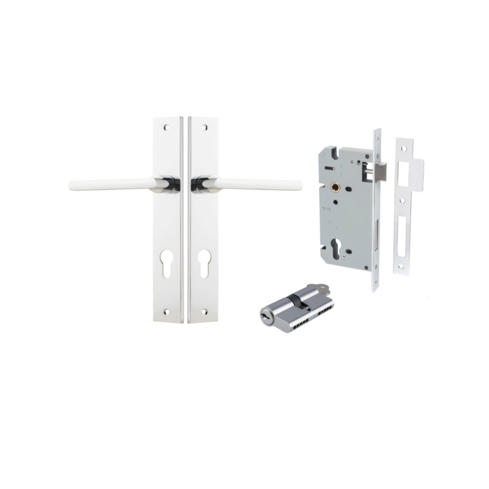 Pair of Iver Baltimore lever door handles on rectangular backplates, featuring a sleek modern design in a polished finish.