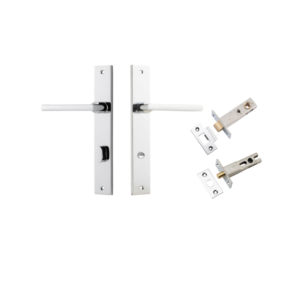 Pair of Iver Baltimore lever door handles on rectangular backplates, featuring a sleek metallic finish and contemporary design.